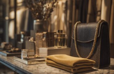 Sophisticated high-end fashion display featuring elegant accessories and luxurious bags in a lavish boutique setting during the day