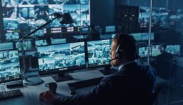 Male Officer Works on a Computer with Surveillance CCTV Video in a Harbour Monitoring Center with Multiple Cameras on a Big Digital Screen. Employees Sit in Front of Displays with Big Data.