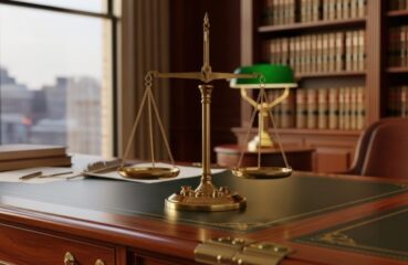 Office Desk With Golden Scales Of Justice And Law Books Inside A Lawyers Office