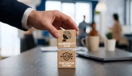 Businessman placing wooden blocks with vulnerability scan and penetration testing on office table