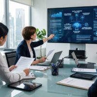 Business team analyzing blockchain and cybersecurity dashboard in modern office, strategic planning for digital transformation and fintech innovation Cyber Risk Is Not an IT Problem