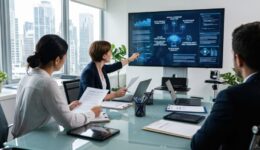 Business team analyzing blockchain and cybersecurity dashboard in modern office, strategic planning for digital transformation and fintech innovation